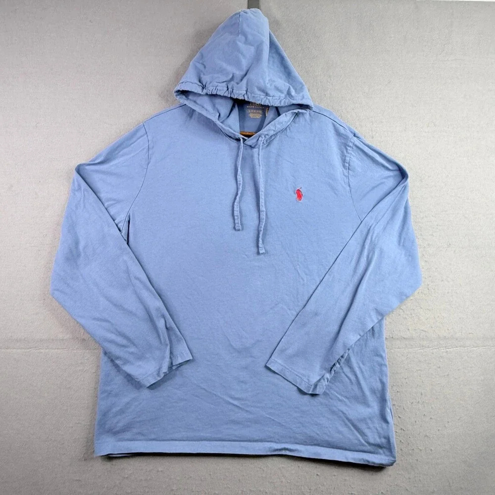 Polo Ralph Lauren Lightweight Hoodie Mens XL Blue Red Pony Long Sleeve
